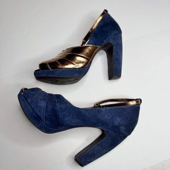 Seychelles x Corey Lynn Calter Come Get Me Platform Peep Toe Pumps Blue Copper - Picture 8 of 15